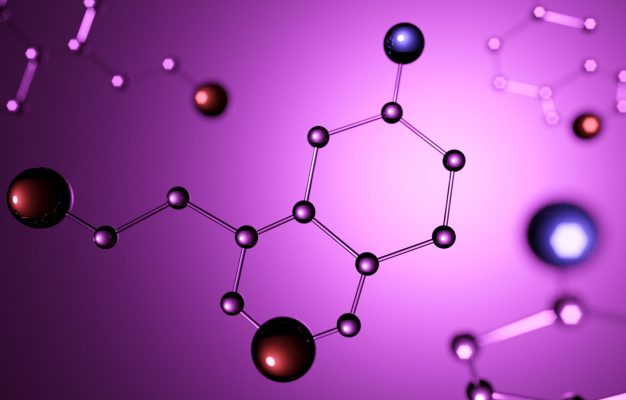 3d illustration. Model of serotonin molecule, Hormone of Happiness. 3d illustration. Model of dopamine molecule, Hormone of Happiness.