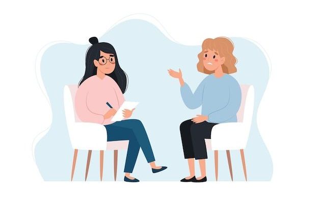 Mujer de sesión de psicoterapia hablando con el psicólogo concepto de salud mental _ Vector Premium