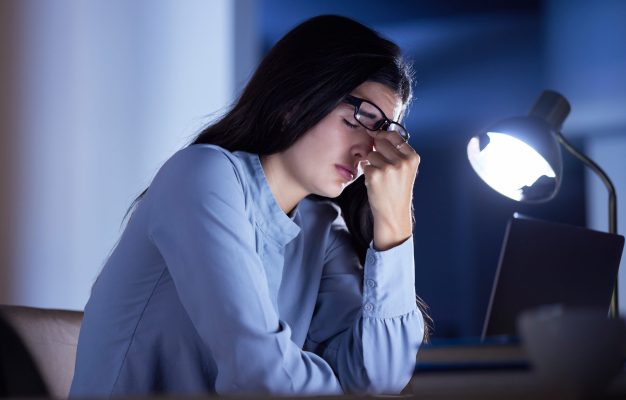 business-woman-at-desk-headache-and-stress-with-b-2023-02-25-00-28-41-utc Business woman at desk, headache and stress with burnout, corporate fatigue and laptop glitch. Work.